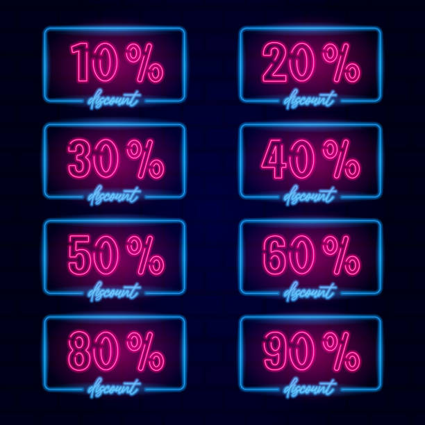 네온 할인 사인 세트, 10, 20, 30, 40, 50, 60, 80, 90 % 할인 - number 10 flash stock illustrations