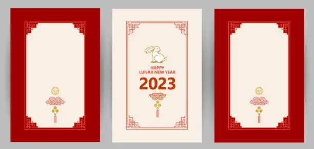 Vector illustration of Vector set with premade cards, banners template. Chinese illustration of the Rabbit Zodiac sign. Symbol of 2023 in the Chinese Lunar calendar. Chine Calendar.