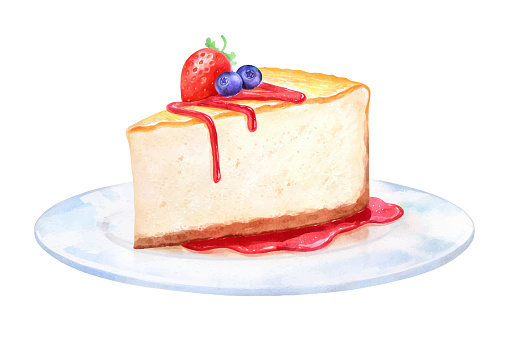 Hand painted watercolor vector illustration of Cheesecake 
dessert on plate