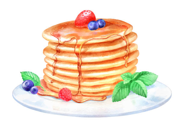 ilustraciones, imágenes clip art, dibujos animados e iconos de stock de ilustración en acuarela del postre de panqueques en el plato - pancake illustration and painting food vector