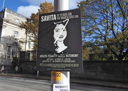 28th October 2022, Dublin, Ireland. Poster on lamppost in Dublin city centre announcing a protest march forMarch poster Savita Halappanavar who died from sepsis  after her request for an abortion was denied.