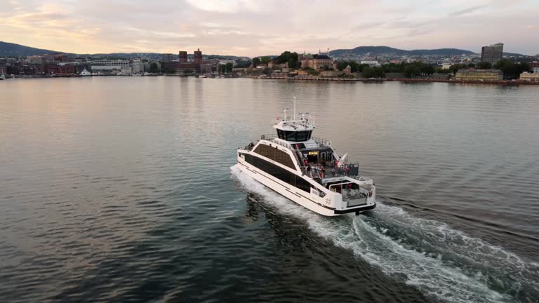 Aerial view of electrical ferry  in Oslo Fjord, Norway at sunset