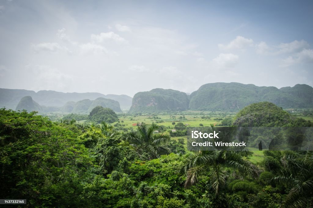 Landscape shot of the tropical Viñales Valley Vinales in Cuba A landscape shot of the tropical Viñales Valley Vinales in Cuba Valley Stock Photo