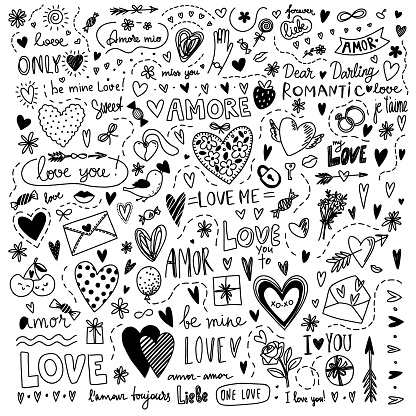 Set of love symbols, a large collection. Drawn sketch of love elements. Hand drawn vector illustration in doodles. For Valentine's Day packaging, postcards, backgrounds.