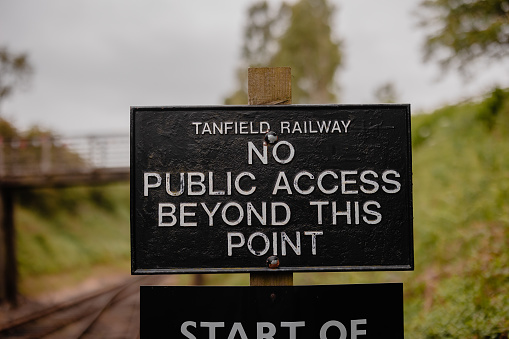 Durham UK: 7th June 2022: Tanfield Railway Station during the Queens Jubilee (No people). No public access sign