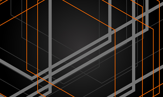 Black abstract modern background with gray and orange geometric lines and outlines. Vector illustration