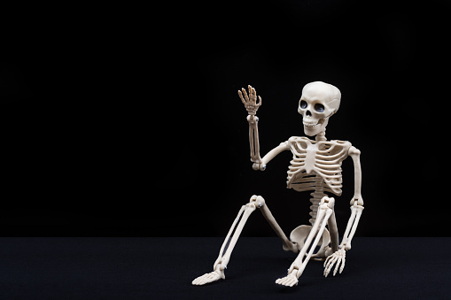 A fake human skeleton sitting on a black background and pointing with his hands at an empty space. Halloween Greeting Card