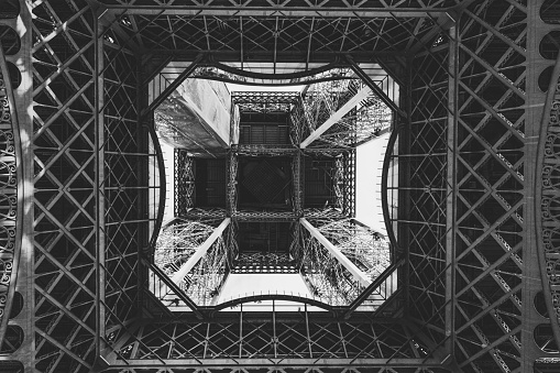 The bottom view of Paris Eiffel Tower, grayscale shot