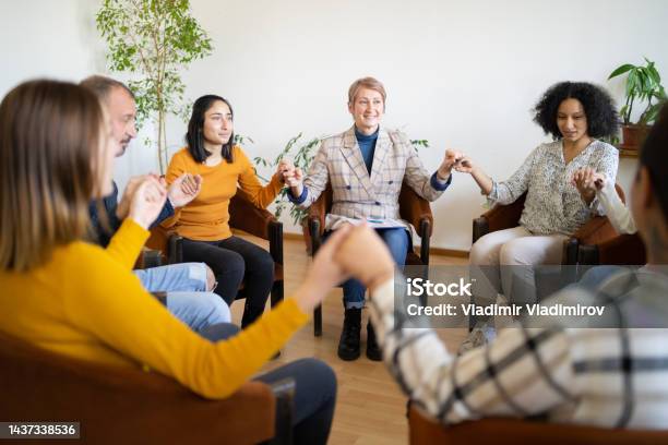 Join Support Session Support Group Patients Hold Hands During The Therapy Session Stock ...
