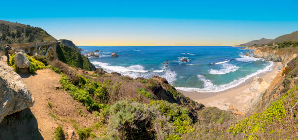 живописный прибрежный пейзаж в пойнт-лобос - point lobos state reserve big sur california beach стоковые фото и изображения