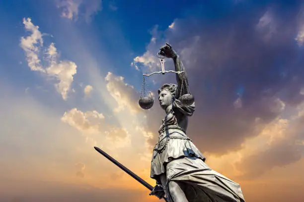 Statue of Lady Justice in front of the Romer in Frankfurt - Germany