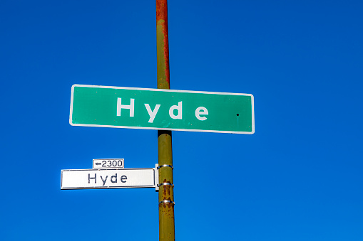 street name Hyde in San Francisco under blue sky