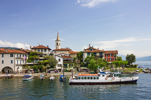 Lombardy, Italy - May 20, 2022: Verbano restaurant on island Isola dei Pescatori, Lago Maggiore.