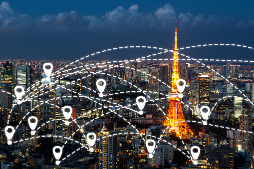 Network GPS navigation over a modern city, future technology concept