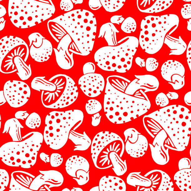 ilustraciones, imágenes clip art, dibujos animados e iconos de stock de patrón sin costuras de hongos agáricos amanita - fly agaric