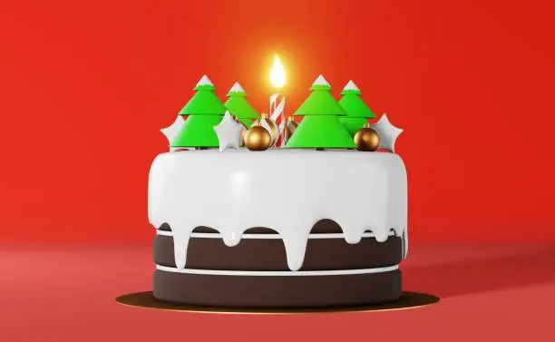 Christmas cake with candle 3d rendering red background. Xmas party advertisement New Year greeting card. Festive winter promo banner. Sweet cream dessert topping decorations stars balls fir trees snow