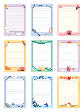 Recipe cards set. Cooking card template. Culinary notes and sticker with cute kitchen utensils.