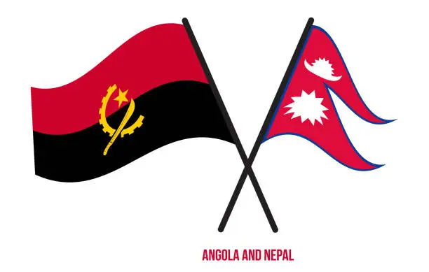 Vector illustration of Angola and Nepal Flags Crossed And Waving Flat Style. Official Proportion. Correct Colors.