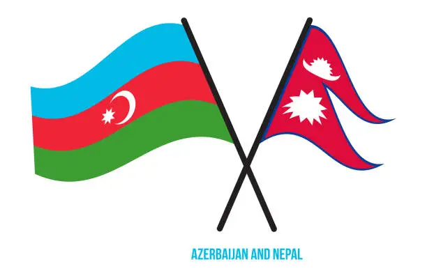 Vector illustration of Azerbaijan and Nepal Flags Crossed And Waving Flat Style. Official Proportion. Correct Colors.