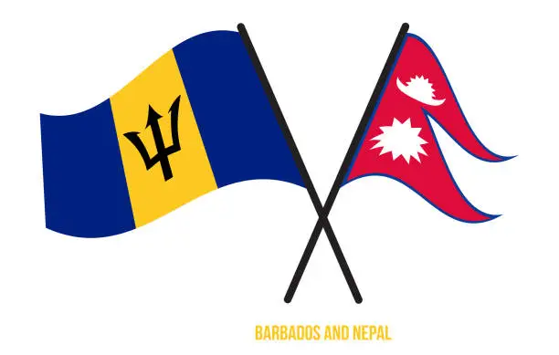 Vector illustration of Barbados and Nepal Flags Crossed And Waving Flat Style. Official Proportion. Correct Colors.