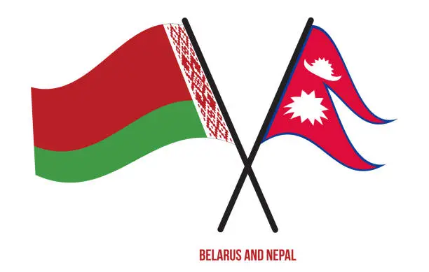 Vector illustration of Belarus and Nepal Flags Crossed And Waving Flat Style. Official Proportion. Correct Colors.