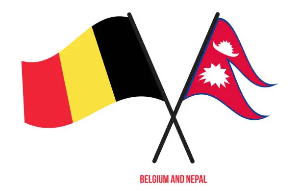Vector illustration of Belgium and Nepal Flags Crossed And Waving Flat Style. Official Proportion. Correct Colors.