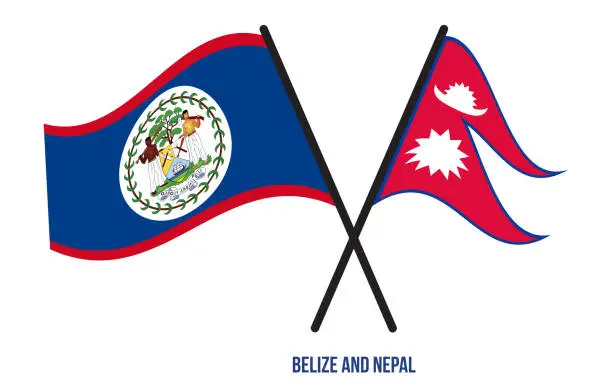 Vector illustration of Belize and Nepal Flags Crossed And Waving Flat Style. Official Proportion. Correct Colors.