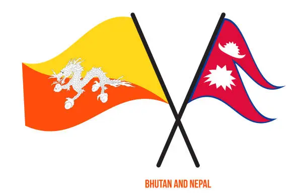 Vector illustration of Bhutan and Nepal Flags Crossed And Waving Flat Style. Official Proportion. Correct Colors.