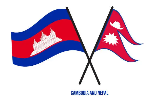 Vector illustration of Cambodia and Nepal Flags Crossed And Waving Flat Style. Official Proportion. Correct Colors.