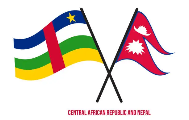 Vector illustration of Central African Republic and Nepal Flags Crossed And Waving Flat Style. Official Proportion.