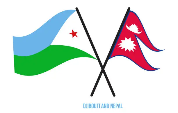 Vector illustration of Djibouti and Nepal Flags Crossed And Waving Flat Style. Official Proportion. Correct Colors.