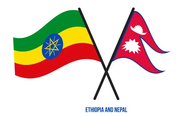 Vector illustration of Ethiopia and Nepal Flags Crossed And Waving Flat Style. Official Proportion. Correct Colors.