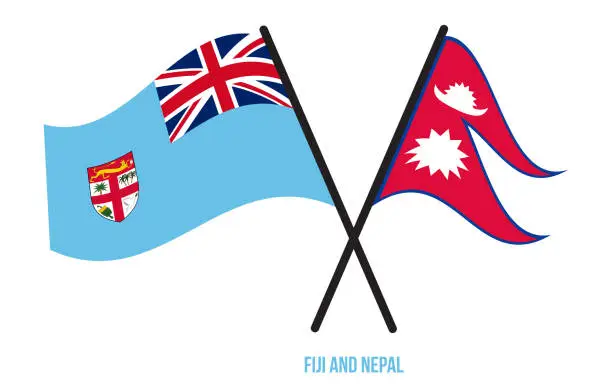 Vector illustration of Fiji and Nepal Flags Crossed And Waving Flat Style. Official Proportion. Correct Colors.