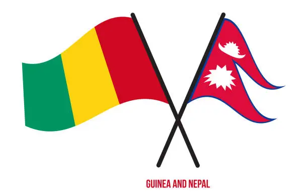 Vector illustration of Guinea and Nepal Flags Crossed And Waving Flat Style. Official Proportion. Correct Colors.
