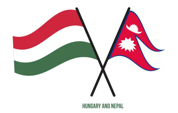 Vector illustration of Hungary and Nepal Flags Crossed And Waving Flat Style. Official Proportion. Correct Colors.
