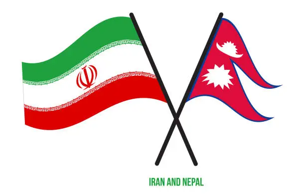 Vector illustration of Iran and Nepal Flags Crossed And Waving Flat Style. Official Proportion. Correct Colors.