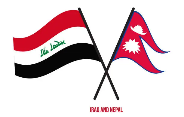 Vector illustration of Iraq and Nepal Flags Crossed And Waving Flat Style. Official Proportion. Correct Colors.