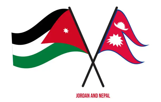 Vector illustration of Jordan and Nepal Flags Crossed And Waving Flat Style. Official Proportion. Correct Colors.