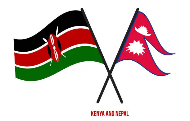 Vector illustration of Kenya and Nepal Flags Crossed And Waving Flat Style. Official Proportion. Correct Colors.