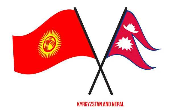 Vector illustration of Kyrgyzstan and Nepal Flags Crossed And Waving Flat Style. Official Proportion. Correct Colors.