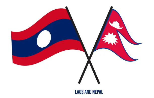 Vector illustration of Laos and Nepal Flags Crossed And Waving Flat Style. Official Proportion. Correct Colors.