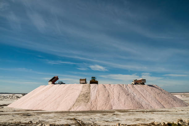 Trucks unloading raw salt bulk, Salinas Grandes de Hidalgo, La Pampa, Argentina.