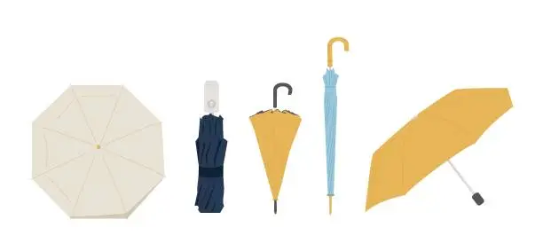 Vector illustration of Set of different Umbrellas in various positions. Open and folded umbrellas. Muted colors.