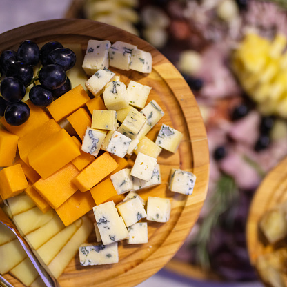 Various types of cheese, beautifully served buffet