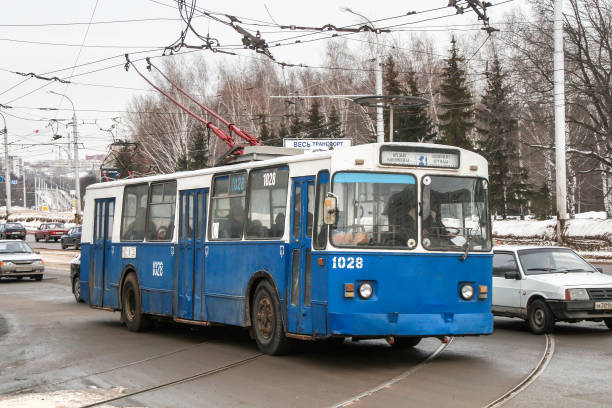 ZiU-682 Ufa, Russia - February 19, 2008: Old urban trolleybus ZiU-682 (ZiU-9) in the city street. trolley bus stock pictures, royalty-free photos & images