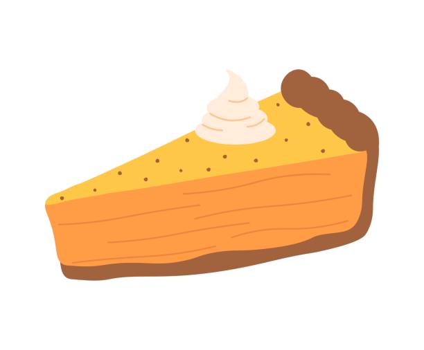 Slice of pumpkin pie with whipped cream. Autumn seasonal dessert in flat style. Drawing of tasty piece of cake. Vector illustration on white isolated background. Slice of pumpkin pie with whipped cream. Autumn seasonal dessert in flat style. Drawing of tasty piece of cake. Vector illustration on white isolated background. dollop whipped cream stock illustrations