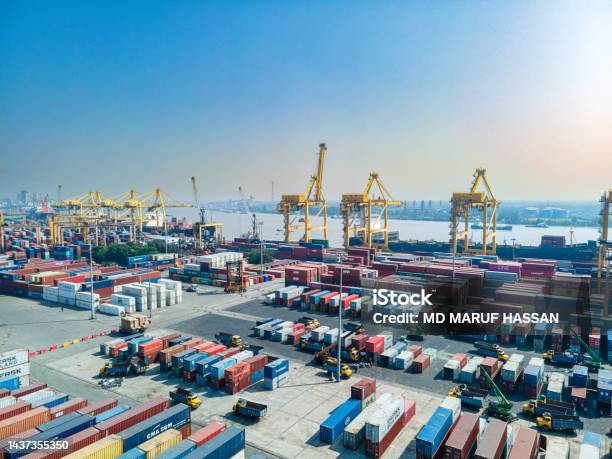 Cargo Containes At Sea Port Global Business Stock Photo - Download Image Now - 4K Resolution, Above, Aerial View