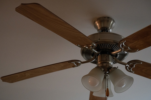 A ceiling fan - dark wood grain with the lights off, hangs from a white/off-white ceiling