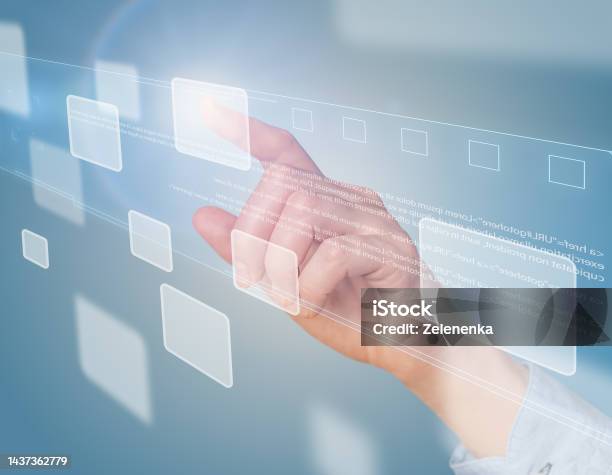 A Womans Hand Uses The Icon Holograms The Concept Of The Future Innovation Technology Holography Stock Photo - Download Image Now