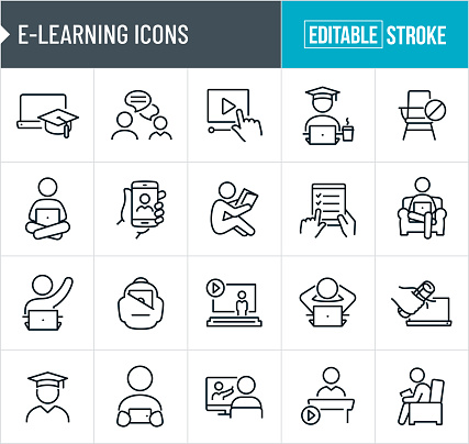 A set of e-learning icons that include editable strokes or outlines using the EPS vector file. The icons include a laptop computer with graduation cap, professor chatting online with student, online educational video, student on laptop computer wearing a graduation cap, student doing e-learning on laptop computer, hand holding a mobile phone with professor on screen while participating in an online class, student doing homework by studying from a textbook, online test on tablet pc, person sitting in comfortable chair from home while taking an online class, student on a live online learning class raising hand to answer a question, backpack with laptop computer, professor lecturing from lecture hall in a video format, student at laptop with hands behind head, hand holding a diploma next to a laptop, graduate student, student watching smartphone during online class, student watching a teacher lecture from computer, instructor speaking from podium and a person sitting in chair at home doing an online class on tablet pc.
